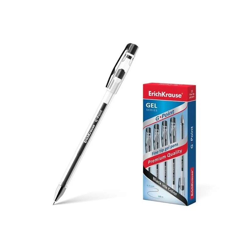 Erichkrause G-Point Gel Pen - Quick-Drying Gel Ink - Transparent Barrel with Triangular Contoured Grip - Needle Tip - Black