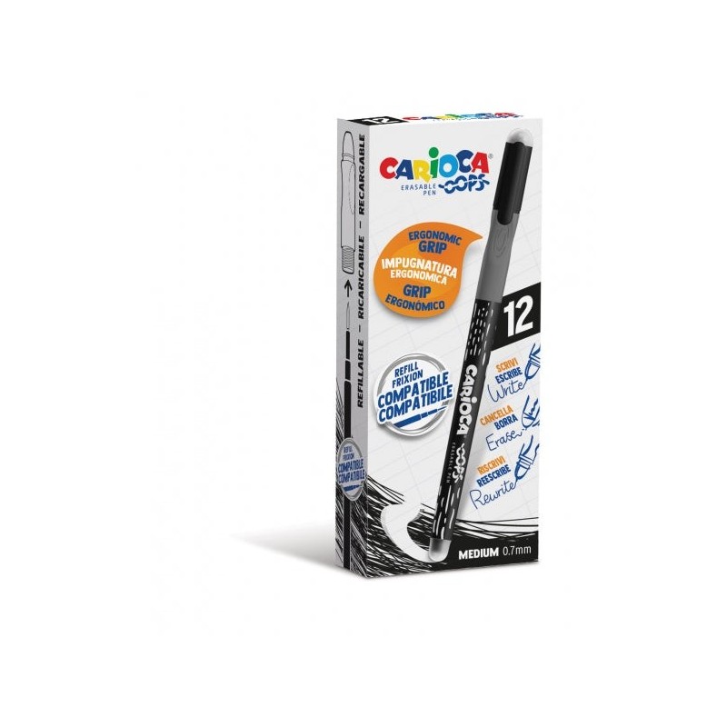 Carioca Oops Boligrafo Borrable - Tinta Termo Sensible - Empuñadura Ergonomica Triangular - Punta de Ø 0.7mm - Doble Goma