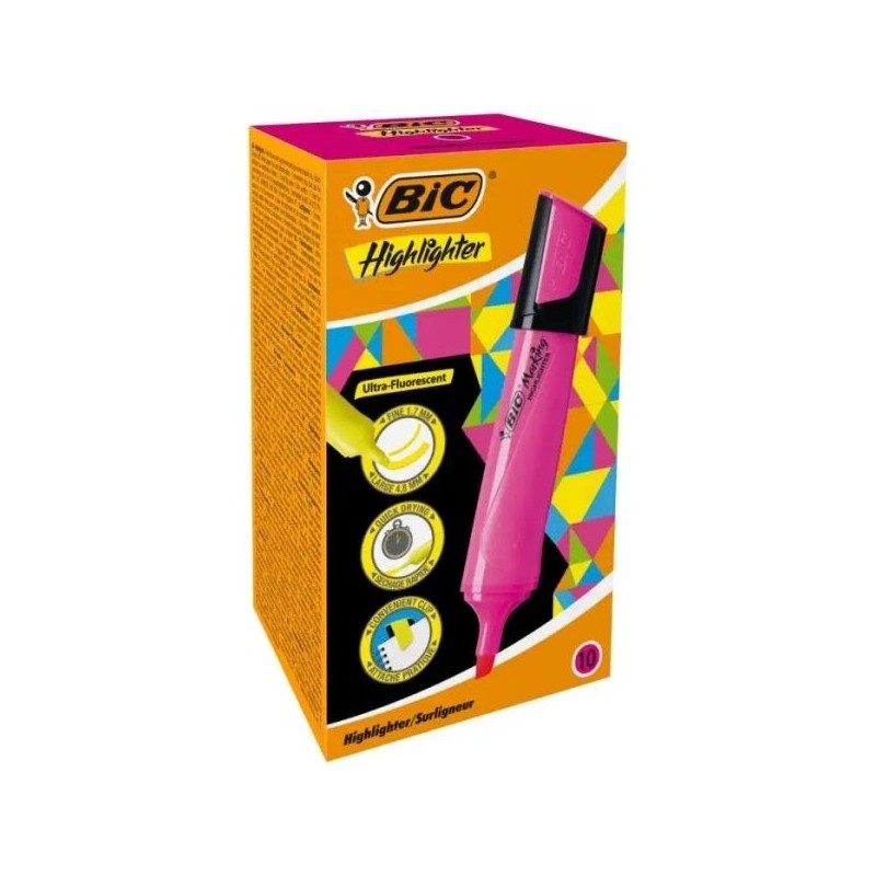 Bic Marking Highlighter Flat Surligneur - Pointe Biseautée - Trait entre 1.70 et 4.80 mm - Encre à Base d'Eau - Couleur Rose