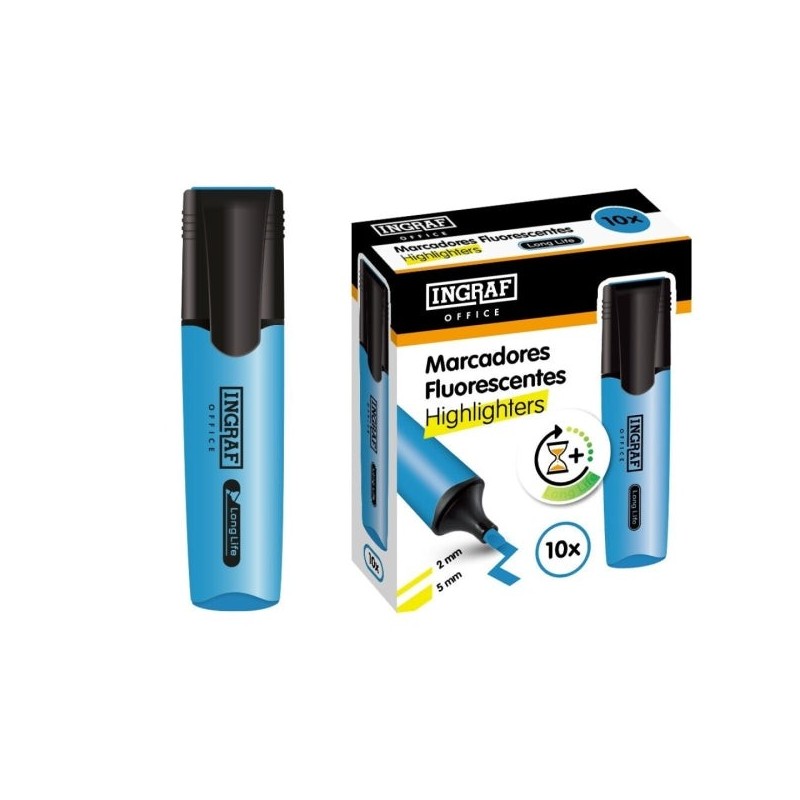Ingraf Long-Life Marcador Fluorescente - Ponta Biselada - Traço 2-5mm - Tinta à Base de Água - Cor Azul
