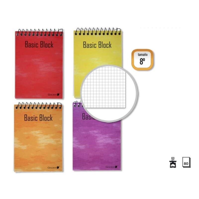 Golden Caderno Espiral Superior 8º Horizontal (153x102mm) 80 Folhas 60gr Quadriculado 4x4 - Capa Plastificada - Margem Realçada