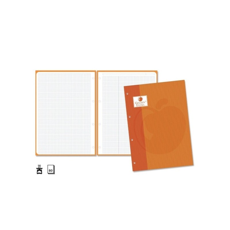 Golden Extra Recarga de 80 Folhas 90gr Quadrícula 4x4 - Formato A4 - 4 Furos e Banda de Cor Laranja