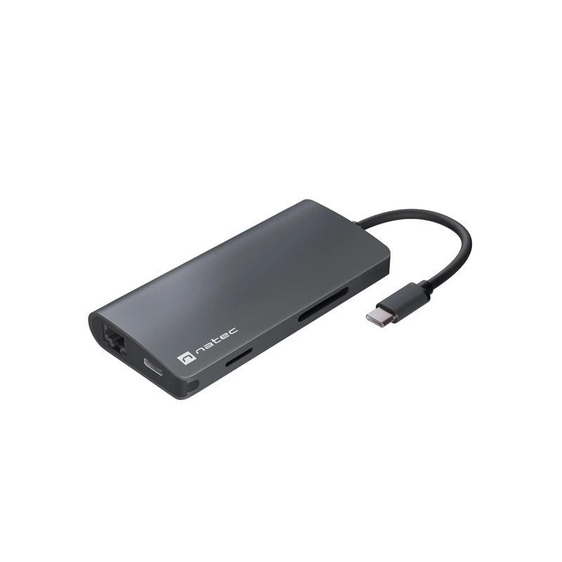 Natec Fowler 2 Adaptador Multiportas 8em1 - USB-C para USB 3.0, HDMI 4K, RJ45, SD, MICRO-SD - Cor Cinzenta