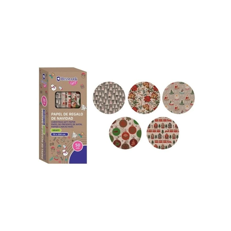 Bismark Kraft Navidad Rollo de Papel Kraft Regalo - Medidas 70cmx200cm - 5 Diseños Diferentes