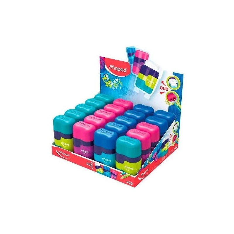 Maped Connect Duo Taille-Crayon-Gomme 2 Trous avec Gomme - Réservoir de Grande Capacité - Forme Ergonomique - Couleurs Assorties