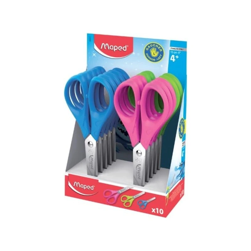 Maped Essentials Canhotos Tesoura Escolar Ponta Redonda 13cm - Lâminas de Aço Inoxidável - Pega de Plástico Simétrica - Cores