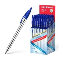 ErichKrause R-301 Matic Esferográfica Retrátil Ponta de Esfera 1.0mm - Tinta de Secagem Rápida - Corpo Transparente - Cor Azul