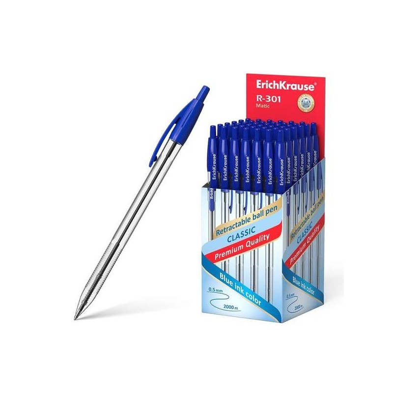 ErichKrause R-301 Matic Boligrafo Retractil Punta de Bola 1.0mm - Tinta de Secado Rapido - Cuerpo Transparente - Color Azul