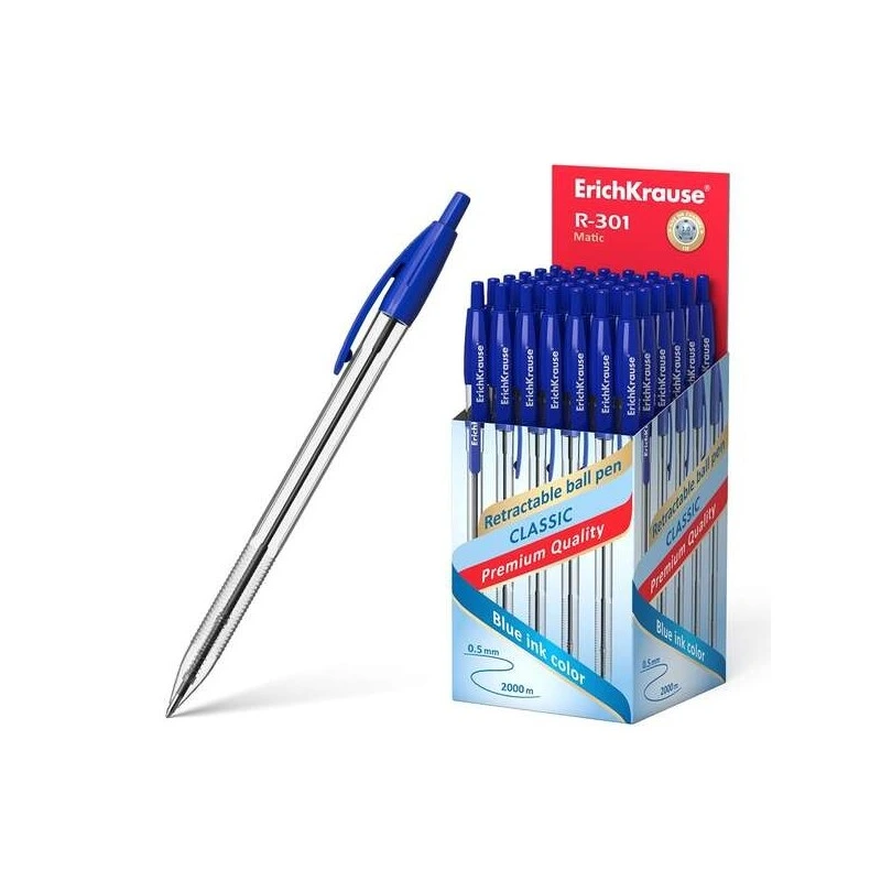 ErichKrause R-301 Matic Retractable Pen with 1.0mm Ball Tip - Quick-Drying Ink - Transparent Barrel - Blue