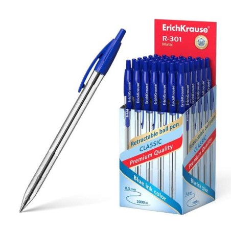 ErichKrause R-301 Matic Retractable Pen with 1.0mm Ball Tip - Quick-Drying Ink - Transparent Barrel - Blue