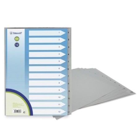 Bismark Numeric Index with Tabs from 1 to 12 - Multi-Punched - A4 Format - Made of Polypropylene - Grey
