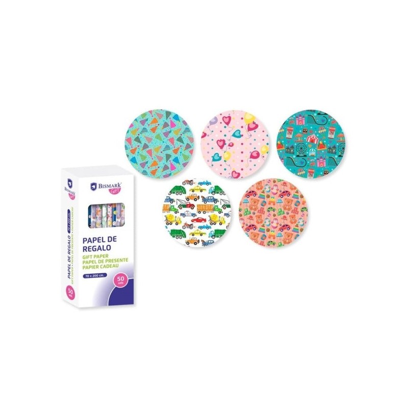 Bismark Kids Rouleau de Papier Cadeau - Dimensions 70cmx200cm - 5 Designs Différents