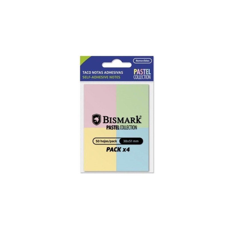 Bismark Pack of 4 Pads of 50 Sticky Notes 38x51mm - 4 Pastel Colours