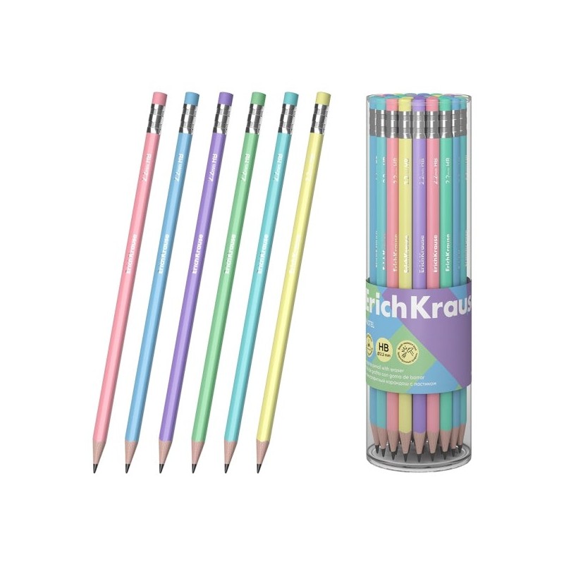 ErichKrause Pastel Graphite Pencil with Eraser - HB Lead - Triangular Barrel - Ergonomic Grip - Assorted Colours