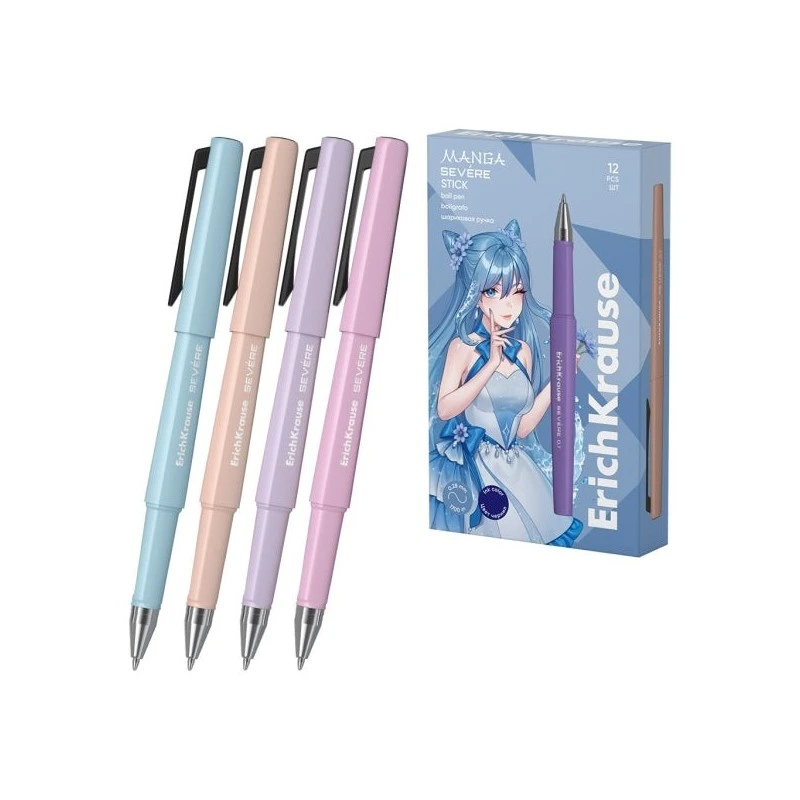 ErichKrause Severe Stick Manga Boligrafo con Capuchon - Modelos Surtidos - Trazo 0.28mm - Tinta de Secado Rapido - Color Azul
