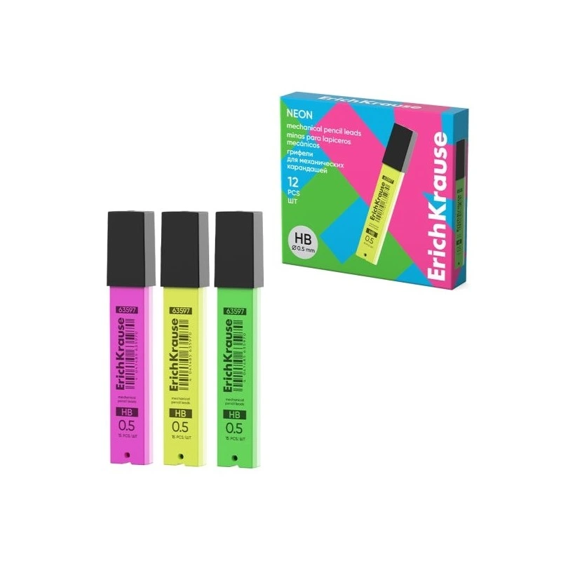 ErichKrause Neon Minas de Recarga para Lapiseira - 15 Unidades por Embalagem - 0.5mm em Grau HB - Cores Sortidas