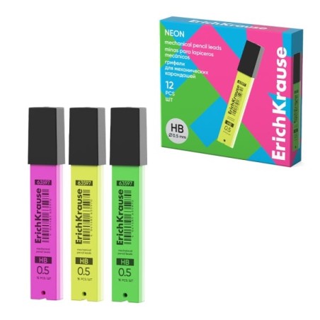 ErichKrause Neon Refill Leads for Mechanical Pencils - 15 Units per Pack - 0.5mm HB Grade - Assorted Colours