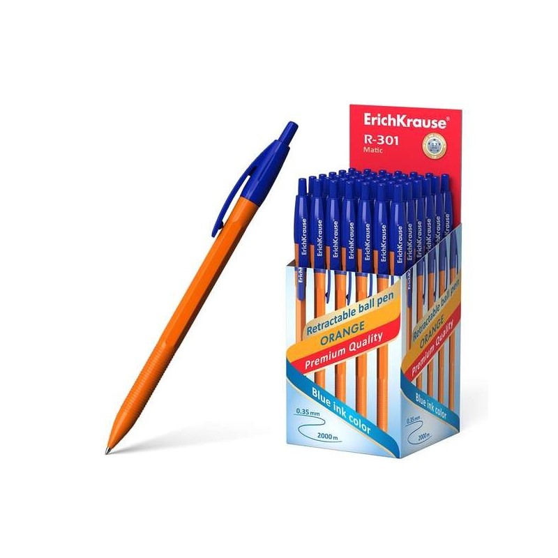 Erichkrause R-301 Naranja Matic Boligrafo Retractil Punta 0.7mm - Cuerpo Hexagonal Opaco - Tinta de Secado Rapido - Color Azul