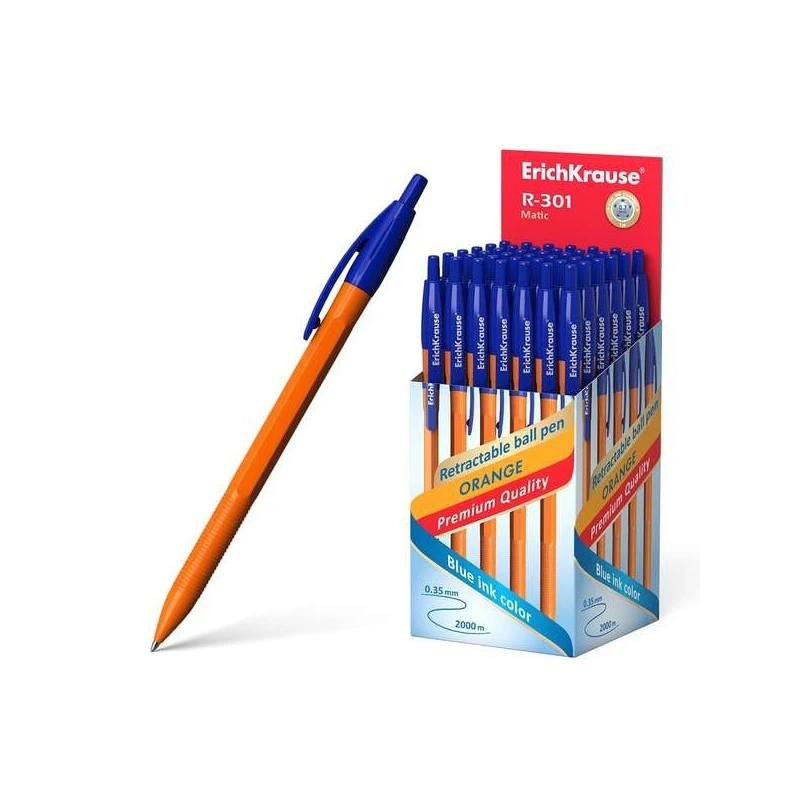 Erichkrause R-301 Orange Matic Retractable Pen 0.7mm Tip - Opaque Hexagonal Barrel - Quick-Drying Ink - Blue