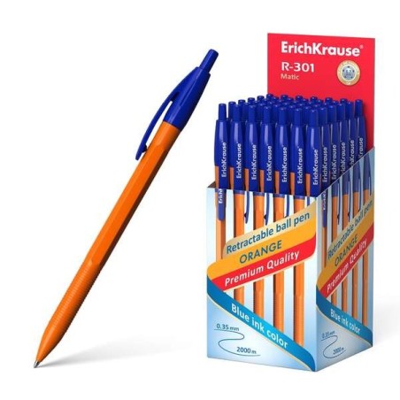 Erichkrause R-301 Orange Matic Stylo Rétractable Pointe 0.7mm - Corps Hexagonal Opaque - Encre à Séchage Rapide - Couleur Bleu
