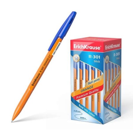 Erichkrause R-301 Orange Ballpoint Pen - 0.7mm Tip - 0.35mm Line - Ventilated Cap - Opaque Orange Body - Blue