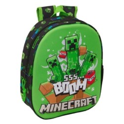 Safta Minecraft Boom 3D Backpack - Bottle Holder - Padded Shoulder Straps - Top Carry Handle - 27x33x10cm - Green and Black