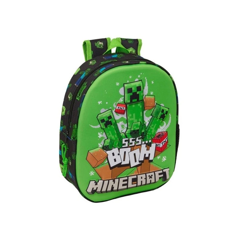 Safta Minecraft Boom 3D Backpack - Bottle Holder - Padded Shoulder Straps - Top Carry Handle - 27x33x10cm - Green and Black