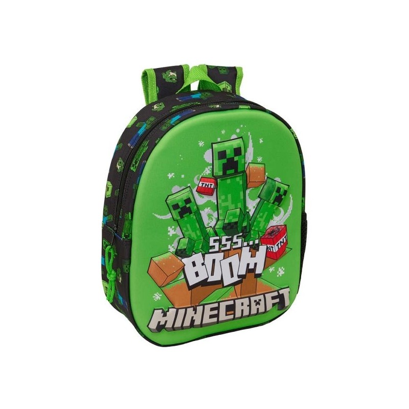 Safta Minecraft Boom Mochila 3D - Portabotellas - Hombreras Acolchadas - Asa de Mano Superior - 27x33x10cm - Color Verde y Negro