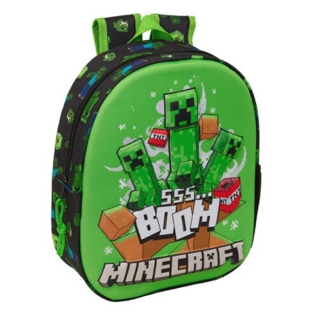 Safta Minecraft Boom Mochila 3D - Porta-garrafas - Alças Acolchoadas - Asa de Mão Superior - 27x33x10cm - Cor Verde e Preto