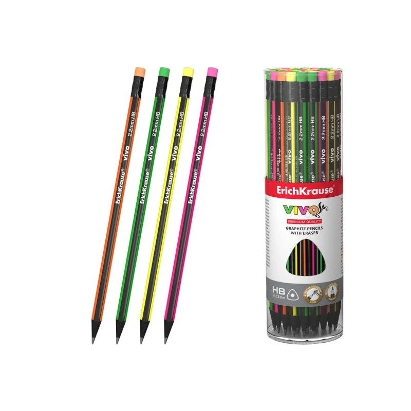 ErichKrause VIVO Lápis de Grafite com Borracha - Mina HB - Corpo Triangular - Fácil de Afiar - Pega Ergonómica - Cores Sortidas