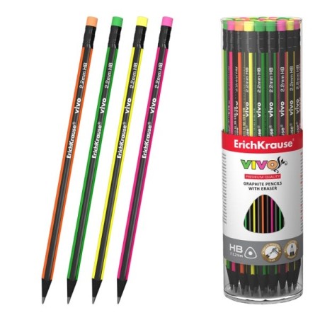 ErichKrause VIVO Lapiz de Grafito con Goma de Borrar - Mina HB - Cuerpo Triangular - Facil Afilado - Agarre Ergonomico