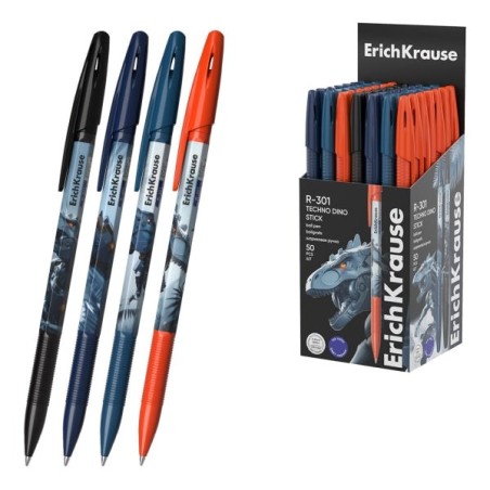 ErichKrause R-301 Stick Techno Dino Boligrafo con Capuchon - Modelos Surtidos - Trazo 0.35mm - Tinta de Secado Rapido - Tapa