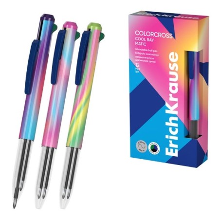 ErichKrause Colorcross Matic Cool Ray Stylo à Bille 3 en 1 - Pointe de 0.7mm - Encre Bleue - Encre Noire - Encre Verte - Tracé
