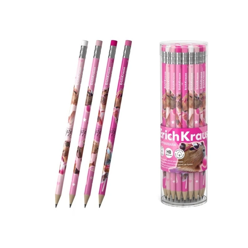 ErichKrause CapyBarbara Lápis de Grafite com Borracha - Mina HB - Corpo Redondo - Plástico - Pega Ergonómica - Cores Sortidas