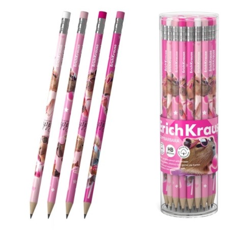 ErichKrause CapyBarbara Lápis de Grafite com Borracha - Mina HB - Corpo Redondo - Plástico - Pega Ergonómica - Cores Sortidas
