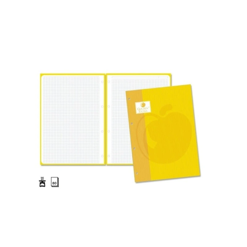 Golden Extra Recarga de 80 Folhas 90gr Quadrícula 4x4 - Formato A4 - 4 Furos e Banda de Cor Amarela
