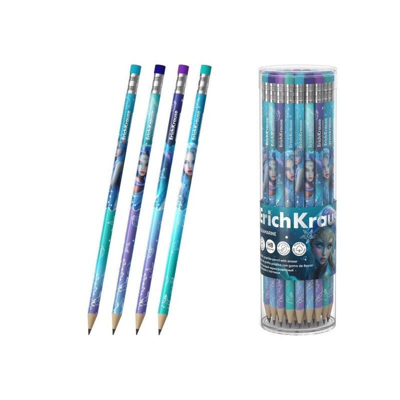 ErichKrause Aquamarine Graphite Pencil with Eraser - HB Lead - Round Body - Plastic - Ergonomic Grip - Assorted Colours