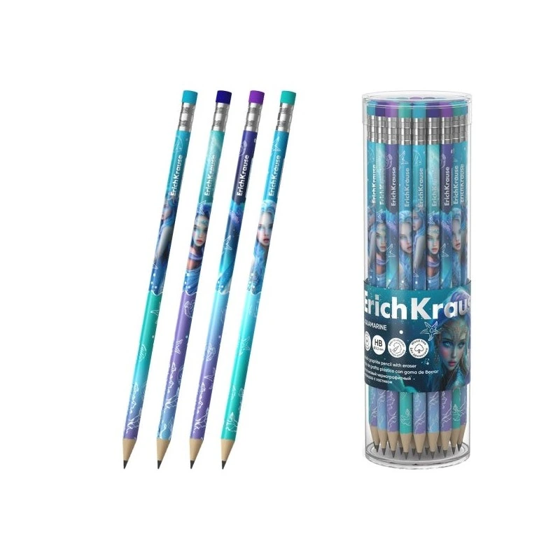 ErichKrause Aquamarine Lapiz de Grafito con Goma de Borrar - Mina HB - Cuerpo Redondo - Plastico - Agarre Ergonomico - Colores