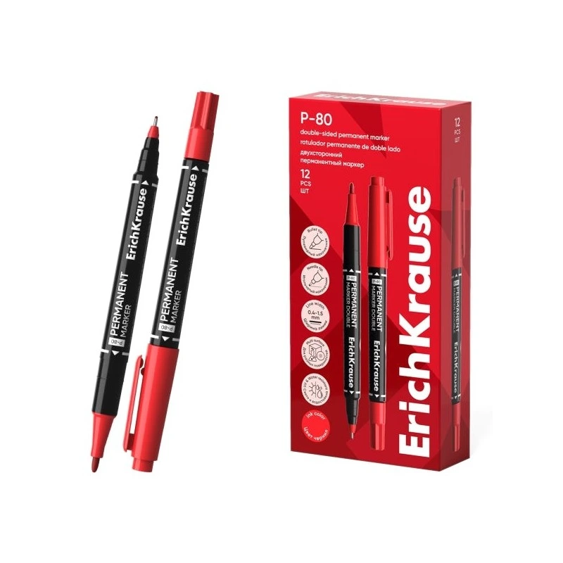 ErichKrause Double P-80 Dual Tip Permanent Marker - 1.65mm Bullet Tip - 0.45mm Needle Tip - Water and Light Resistant