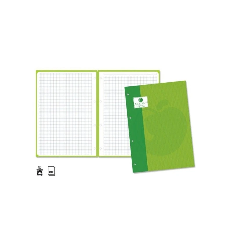 Golden Extra Recharge de 80 Feuilles 90gr Quadrillage 4x4 - Format A4 - 4 Perforations et Bande de Couleur Verte