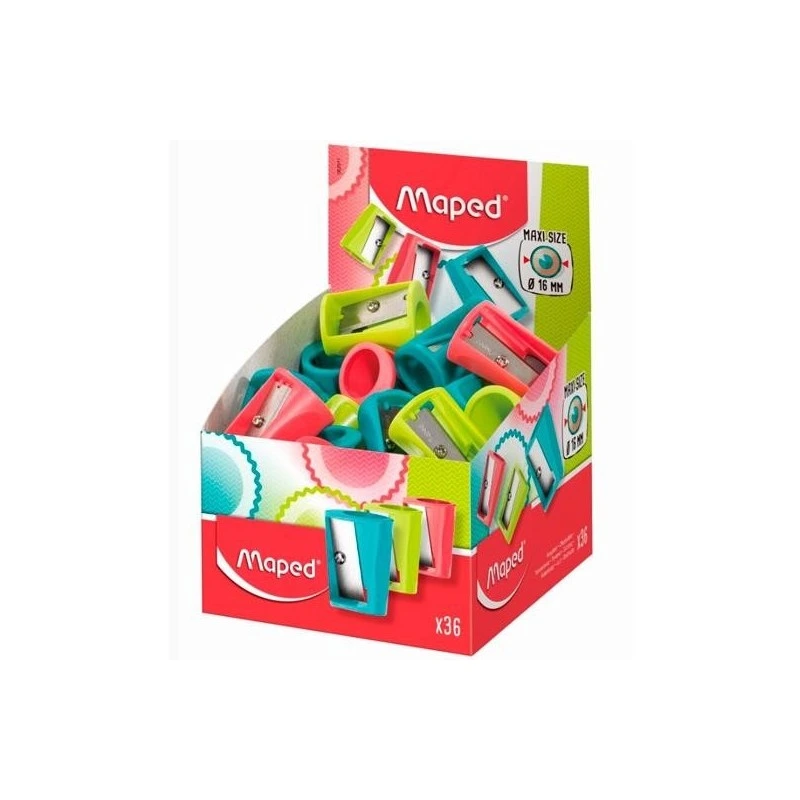 Maped Vivo Maxi Sacapuntas de Plastico con 1 Orificio de 16mm - Cuchilla de Acero Afilada y Resistente - Colores Surtidos