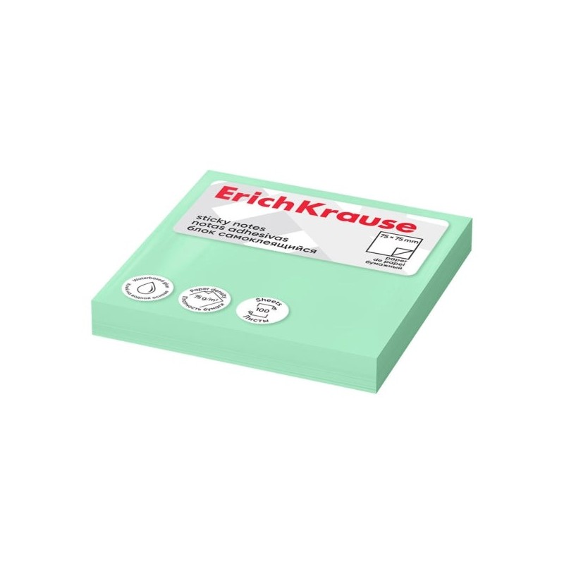 ErichKrause Bloc de 100 Notas Adhesivas Reposicionables - Papel de 75g/m2 - 75x75mm - Pegamento a Base de Agua - Color Verde