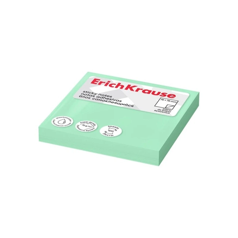 ErichKrause Bloc de 100 Notas Adhesivas Reposicionables - Papel de 75g/m2 - 75x75mm - Pegamento a Base de Agua - Color Verde