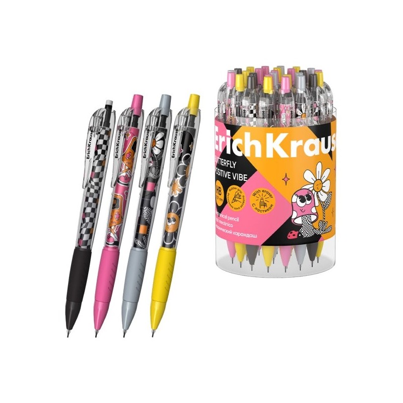 ErichKrause Butterfly Positive Vibe Lapiseira - Mina HB de 0.7mm - Borracha Integrada - Ergonómica - Cores Sortidas
