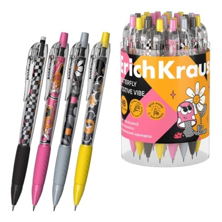 ErichKrause Butterfly Positive Vibe Lapiseira - Mina HB de 0.7mm - Borracha Integrada - Ergonómica - Cores Sortidas