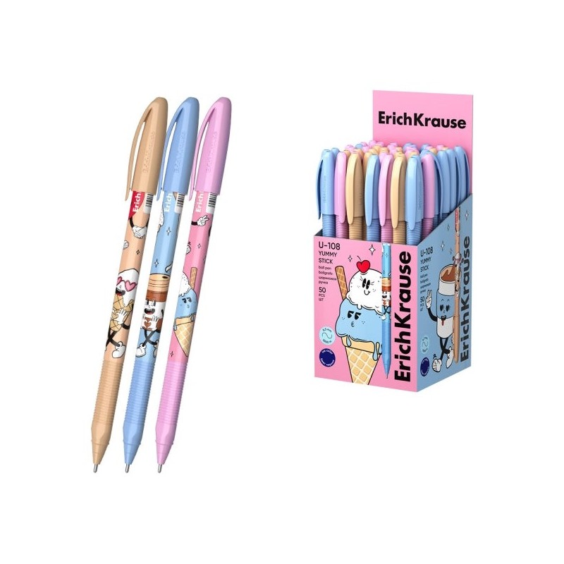 ErichKrause U-108 Stick Yummy Esferográfica com Tampa - Modelos Sortidos - Traço 0.3mm - Tinta de Baixa Viscosidade - Tampa