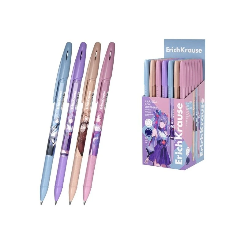 ErichKrause R-301 Stick and Grip Manga Stylo à Bille avec Capuchon - Modèles Assortis - Trait 0.35mm - Zone de Préhension en