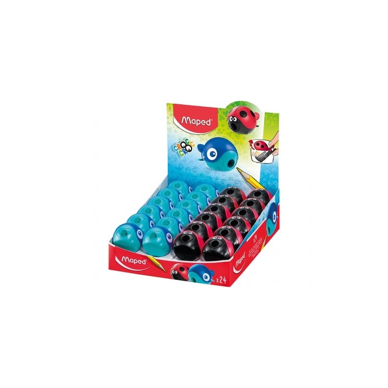 Maped Croc Croc Sacapuntas de 1 Orificio con Deposito - Divertidos Diseños de Mariquita y Ballena
