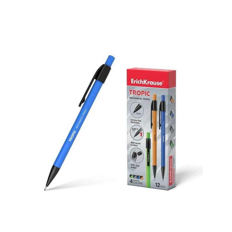 ErichKrause Tropic Porte-mine - Embout Rétractable et Revêtement Soft Touch - Couleurs Mates Vives - avec Gomme et Capuchon