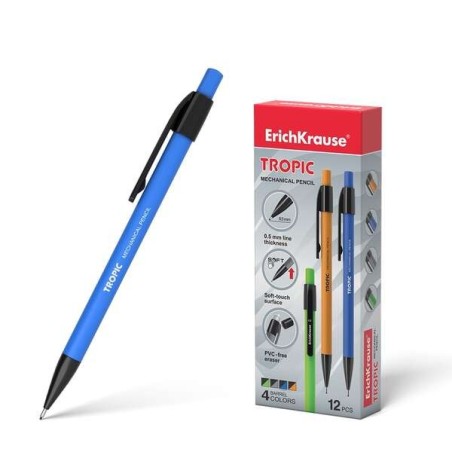 ErichKrause Tropic Porte-mine - Embout Rétractable et Revêtement Soft Touch - Couleurs Mates Vives - avec Gomme et Capuchon